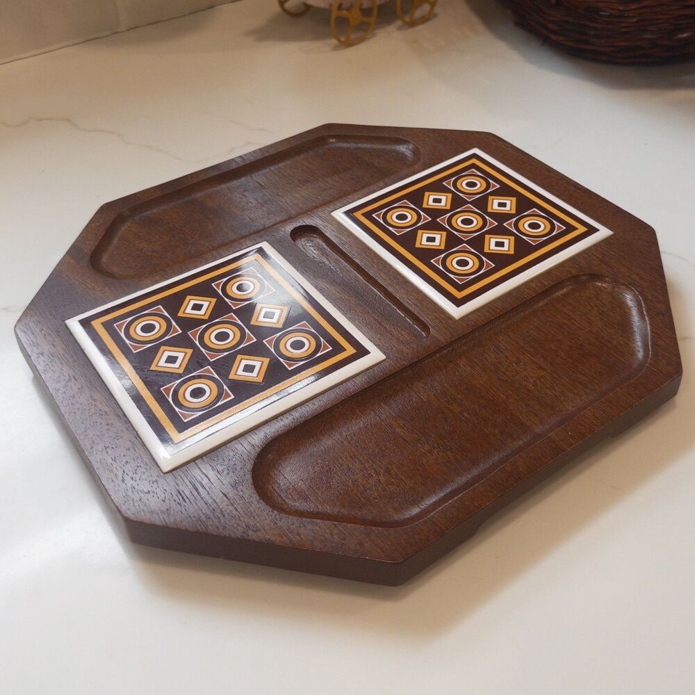Vintage MCM Japanese Carved Wood Cheese Cracker Platter with Tile